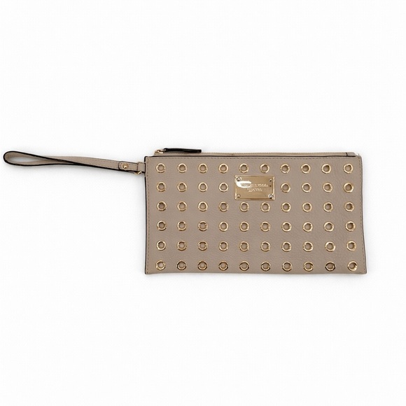MICHAEL Michael Kors Handbags - Michael Kors Studded Wristlet Clutch Beige Leather Gold Grommet Zip Pouch Wallet